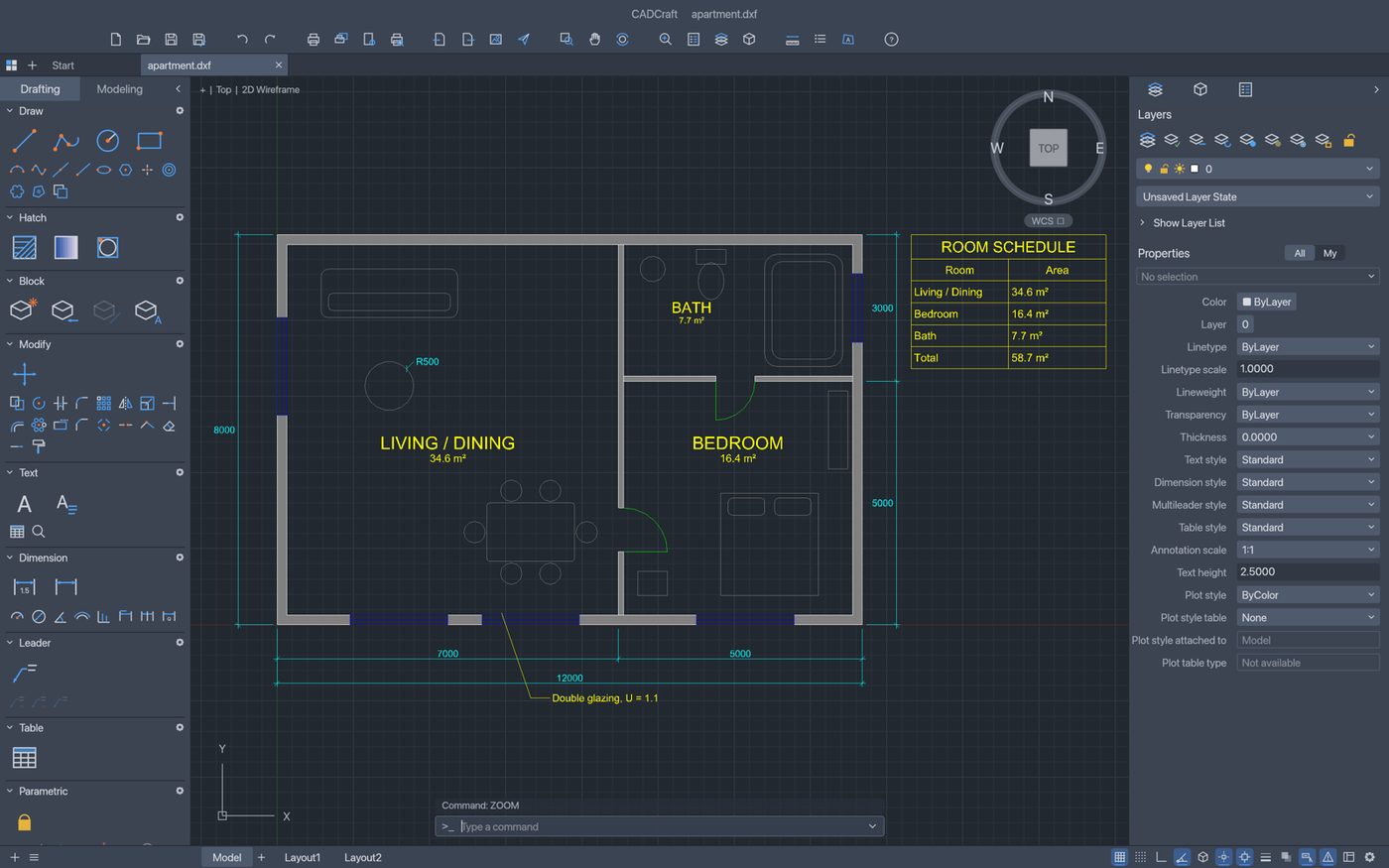 CADCraft with an apartment floor plan and dimension lines